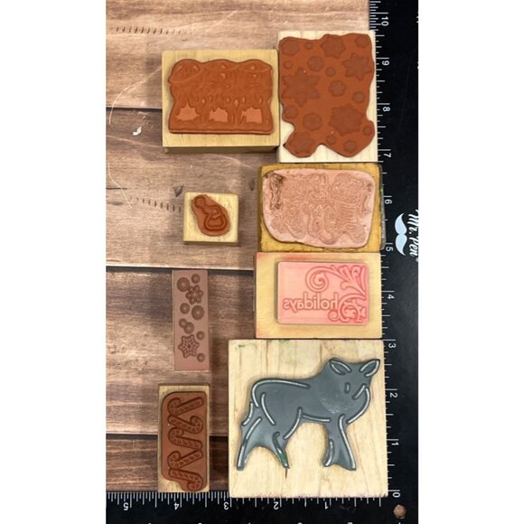 Lot of 8 mostly unbranded Holiday WOOD MOUNTED RUBBER STAMPS - Picture 4 of 4